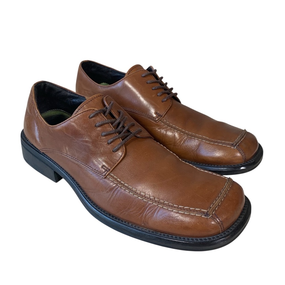 Kenneth Cole Reaction Cognac Brown Leather Square Toe Derby Dress Shoes Size 11